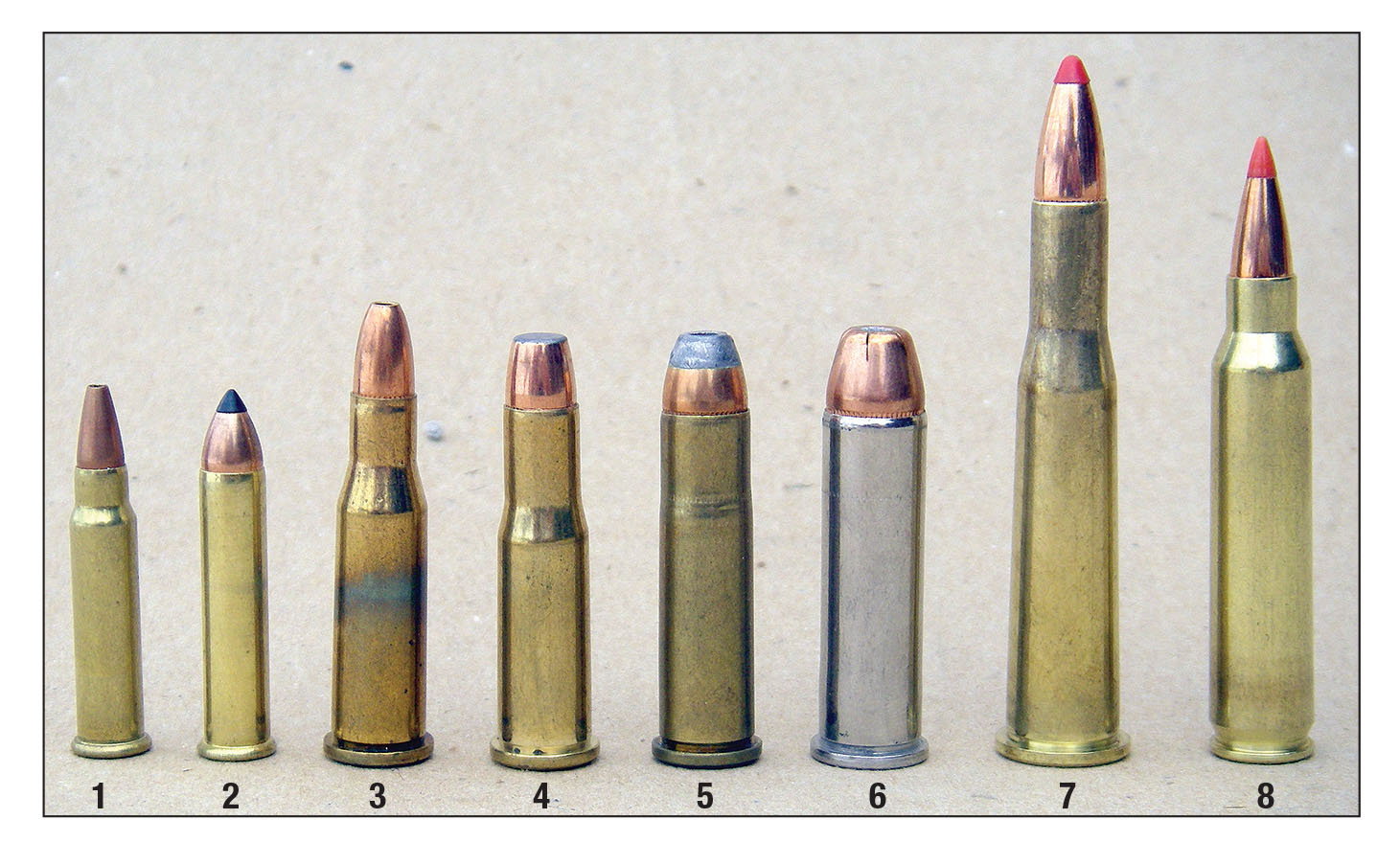 Practical levergun varmint cartridges: (1) .17 HMR, (2) .22 WMR, (3) .218 Bee, (4) .25-20 Winchester, (5) .32-20 Winchester, (6) .357 Magnum, (7) .25-35 WCF and (8) .223 Remington.